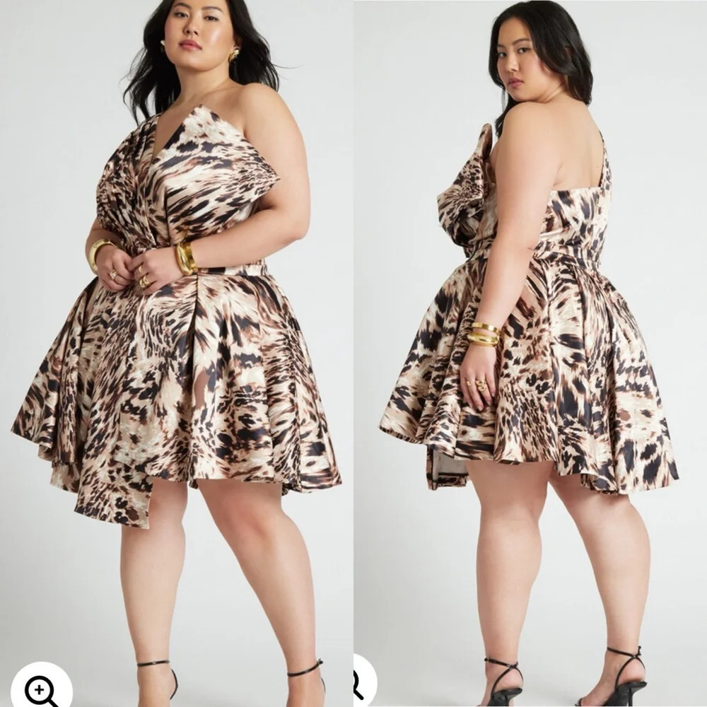 ELOQUII Collectors Edition Asymmetrical Flare Cheetah Zebra Printed Mini Dress